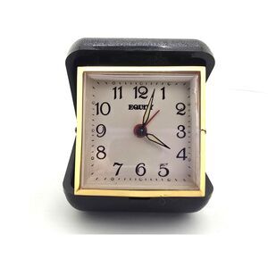 Vintage Equity Folding Travel Alarm Clock Black Gold Case Tested Working Compact